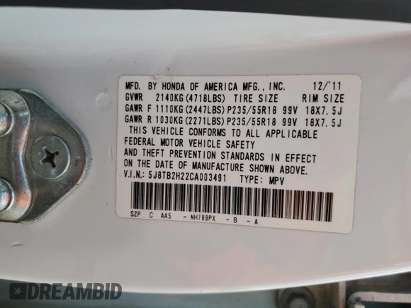 2012 Acura RDX with VIN 5J8TB2H22CA003491, listed as a Copart auction lot 43262835 with 340,093 mi miles and Clean Title. Bid and sale history available at carsss.com. Image 13.