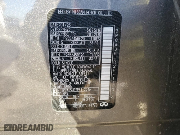 2023 Infiniti QX55 Luxe z VIN 3PCAJ5JR2PF112046, wystawiony jako Copart lot #41748665 z przebiegiem 26 500 mil mil oraz Szkoda całkowita • Salvage title. Historia ofert i sprzedaży dostępna na DreamBid. Obrazek 15.