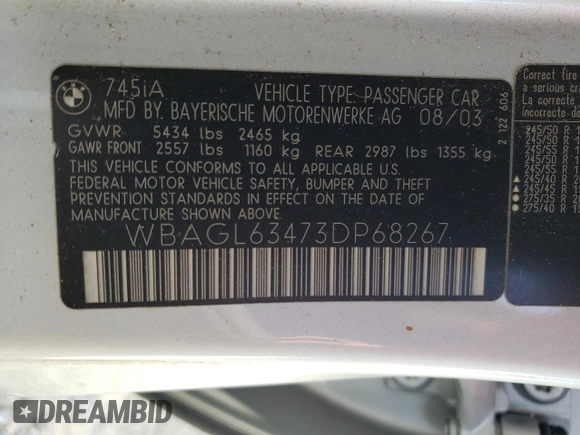 2003 BMW 7 Series 745i with VIN WBAGL63473DP68267, listed as a Copart auction lot 69923064 with 100,468 mi miles and Salvage title. Bid and sale history available at DreamBid. Image 12.