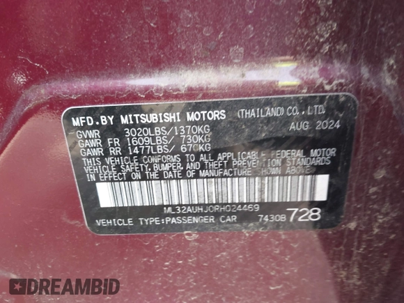 2024 Mitsubishi Mirage ES z VIN ML32AUHJ0RH024469, wystawiony jako IAAI lot #42394732 z przebiegiem 12 869 mil mil oraz . Historia ofert i sprzedaży dostępna na DreamBid. Obrazek 9.