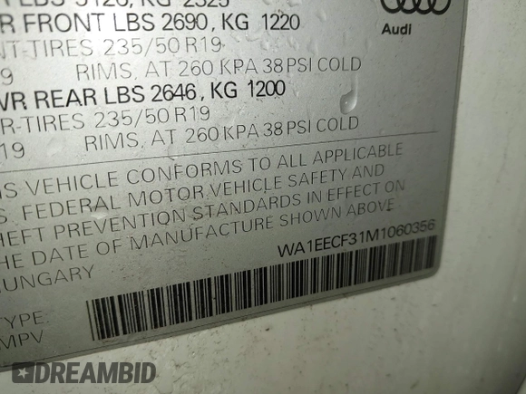 2021 Audi Q3 S line Premium Plus with VIN WA1EECF31M1060356, listed as a IAAI auction lot 42242850 with 83,380 mi miles and . Bid and sale history available at DreamBid. Image 9.