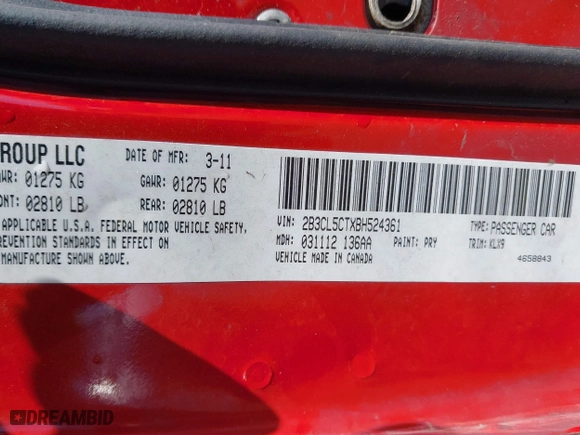 2011 Dodge Charger Road/Track with VIN 2B3CL5CTXBH524361, listed as a IAAI auction lot 41794916 with 296,260 mi miles. Bid and sale history available at carsss.com. Image 9.