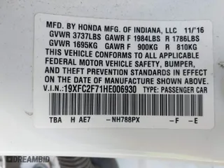 2017 Honda Civic Sedan EX with VIN 19XFC2F71HE006930, listed as a IAAI auction lot 41237816 with 57,183 mi miles. Bid and sale history available at carsss.com. Image 9.