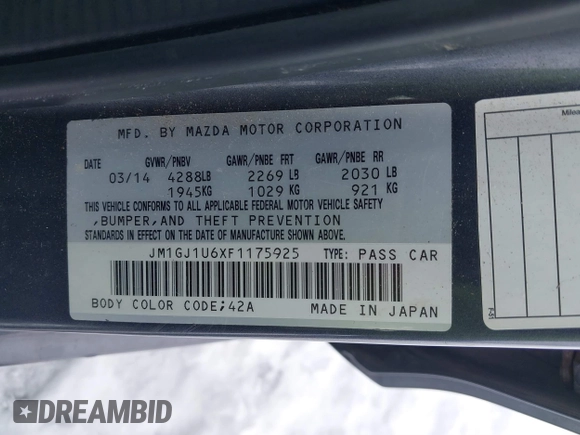 2015 Mazda 6 i Sport with VIN JM1GJ1U6XF1175925, listed as a IAAI auction lot 41704201 with 115,404 mi miles. Bid and sale history available at carsss.com. Image 9.