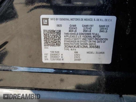 2021 Chevrolet Equinox LT with VIN 3GNAXUEV2ML306581, listed as a Copart auction lot 60613455 with 36,272 mi miles and Salvage title. Bid and sale history available at DreamBid. Image 13.