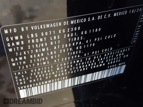 2021 Volkswagen Tiguan S with VIN 3VV0B7AX8MM020189, listed as a IAAI auction lot 42615767 with 70,294 mi miles and . Bid and sale history available at DreamBid. Image 9.