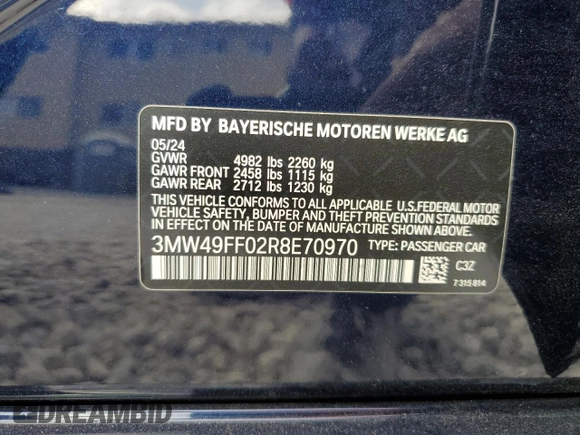 2024 BMW 3 Series M340i xDrive with VIN 3MW49FF02R8E70970, listed as a Copart auction lot 84431924 with 12,286 mi miles and Salvage Title. Bid and sale history available at carsss.com. Image 14.