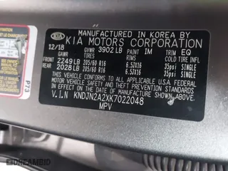 2019 Kia Soul with VIN KNDJN2A2XK7022048, listed as a IAAI auction lot 42065621 with 124,293 mi miles. Bid and sale history available at carsss.com. Image 9.