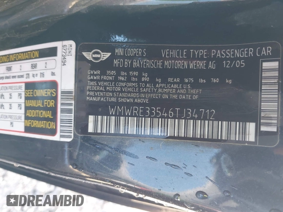 2006 MINI Hardtop S with VIN WMWRE33546TJ34712, listed as a IAAI auction lot 41144701 with 230,006 mi miles and . Bid and sale history available at DreamBid. Image 9.