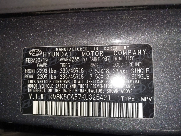 2019 Hyundai Kona Ultimate with VIN KM8K5CA57KU325421, listed as a IAAI auction lot 41369897 with 30,733 mi miles. Bid and sale history available at carsss.com. Image 9.