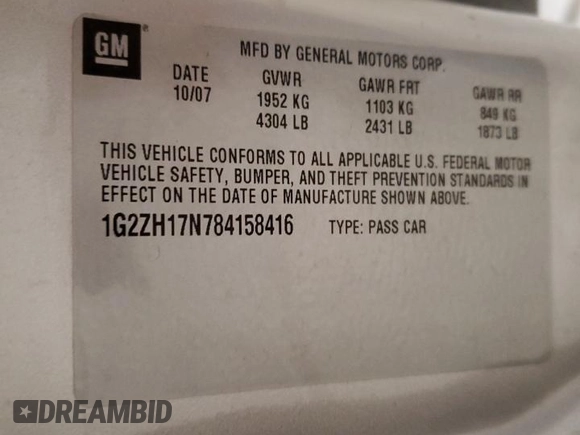 2008 Pontiac G6 GT с VIN 1G2ZH17N784158416, выставлен на аукционе Copart как лот 54574685 с пробегом 255 495 миль миль и На запчасти • Non repairable. История ставок и продаж доступна на DreamBid. Изображение 12.