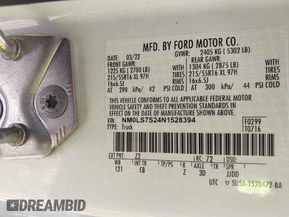 2022 Ford Transit Connect XL with VIN NM0LS7S24N1528394, listed as a IAAI auction lot 42739542 with 48,022 mi miles and . Bid and sale history available at DreamBid. Image 9.