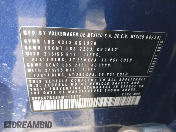 2024 Volkswagen Taos S с VIN 3VV5X7B26RM113472, выставлен на аукционе IAAI как лот 41925942 с пробегом 7 232 миль миль и . История ставок и продаж доступна на DreamBid. Изображение 9.