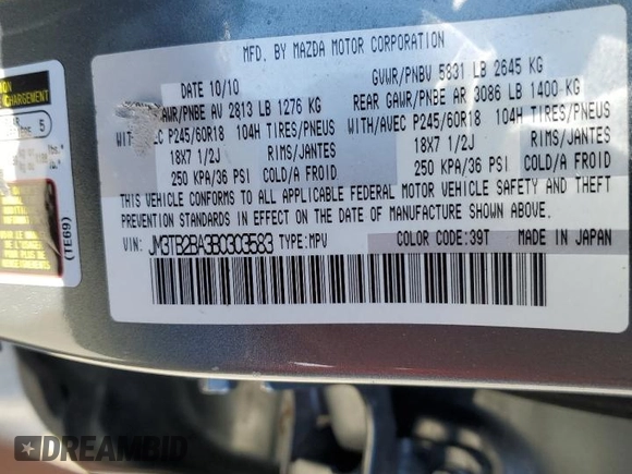 2011 Mazda CX-9 Sport z VIN JM3TB2BA3B0303583, wystawiony jako Copart lot #46618165 z przebiegiem 158 007 mil mil oraz Szkoda całkowita • Salvage title. Historia ofert i sprzedaży dostępna na DreamBid. Obrazek 14.