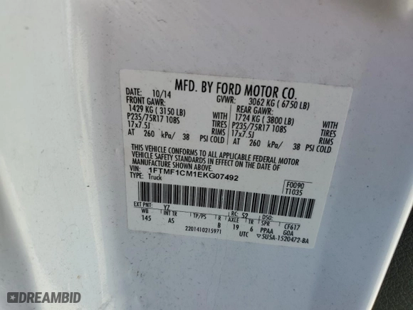 2014 Ford F-150 XL with VIN 1FTMF1CM1EKG07492, listed as a Copart auction lot 49982015 with 137,894 mi miles and Salvage Title. Bid and sale history available at carsss.com. Image 13.