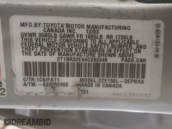 2004 Toyota Corolla CE with VIN 2T1BR32E64C262349, listed as a IAAI auction lot 42045802 with 161,116 mi miles and . Bid and sale history available at DreamBid. Image 9.