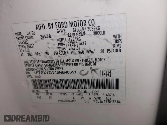 2006 Ford F-150 STX with VIN 1FTRX12W46NB40851, listed as a IAAI auction lot 40538443 with 298,806 mi miles. Bid and sale history available at carsss.com. Image 9.
