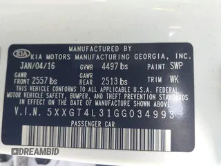 2016 Kia Optima LX with VIN 5XXGT4L31GG034993, listed as a IAAI auction lot 41881231 with 81,888 mi miles. Bid and sale history available at carsss.com. Image 9.