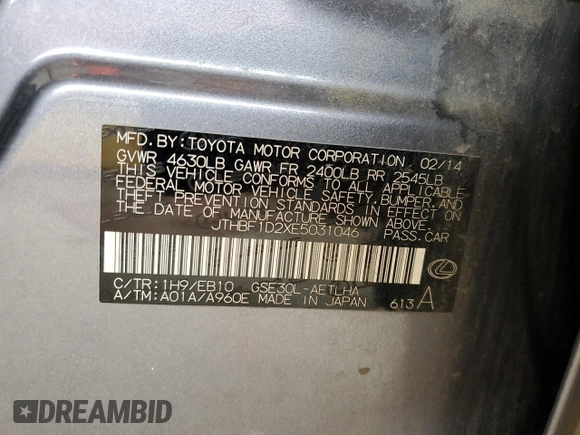 2014 Lexus IS 250 with VIN JTHBF1D2XE5031046, listed as a Copart auction lot 56917745 with 187,208 mi miles and Salvage title. Bid and sale history available at DreamBid. Image 12.
