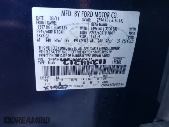 2011 Ford Explorer XLT with VIN 1FMHK7D85BGA45611, listed as a Copart auction lot 45983875 with 154,605 mi miles and Salvage Title. Bid and sale history available at carsss.com. Image 13.