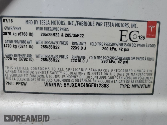2016 Tesla Model X P90D with VIN 5YJXCAE48GF012383, listed as a Copart auction lot 49784895 with 0 mi miles and Salvage Title. Bid and sale history available at carsss.com. Image 13.