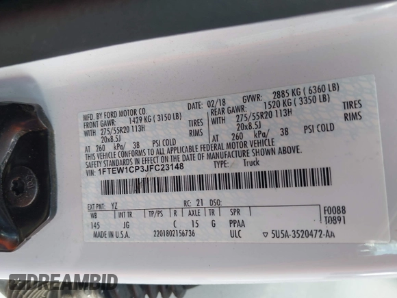2018 Ford F-150 XL с VIN 1FTEW1CP3JFC23148, выставлен на аукционе IAAI как лот 42593237 с пробегом 142 438 миль миль и . История ставок и продаж доступна на DreamBid. Изображение 9.