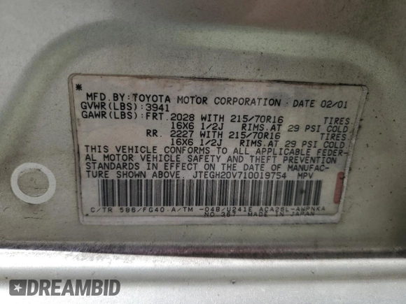 2001 Toyota RAV4 with VIN JTEGH20V710019754, listed as a Copart auction lot 54210315 with 163,663 mi miles and Salvage title. Bid and sale history available at DreamBid. Image 13.