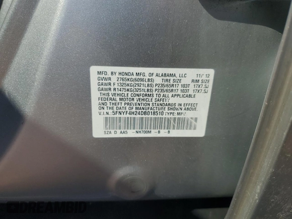 2013 Honda Pilot LX with VIN 5FNYF4H24DB018510, listed as a Copart auction lot 62575385 with 94,941 mi miles and Salvage title. Bid and sale history available at DreamBid. Image 13.
