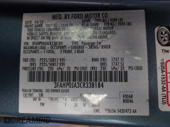 2012 Ford Fusion SEL z VIN 3FAHP0JA3CR338184, wystawiony jako IAAI lot #42253084 z przebiegiem 179 056 mil mil oraz . Historia ofert i sprzedaży dostępna na DreamBid. Obrazek 9.