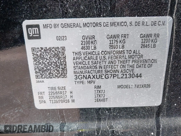2023 Chevrolet Equinox LT with VIN 3GNAXUEG7PL213044, listed as a IAAI auction lot 41984609 with 44,141 mi miles and . Bid and sale history available at DreamBid. Image 9.