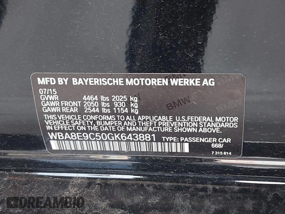 2016 BMW 3 Series 328i with VIN WBA8E9C50GK643881, listed as a IAAI auction lot 41801921 with Not Provided miles and . Bid and sale history available at DreamBid. Image 9.