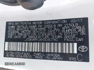 2017 Toyota Prius Two with VIN JTDKARFUXH3040780, listed as a IAAI auction lot 42091493 with 105,952 mi miles and . Bid and sale history available at DreamBid. Image 9.