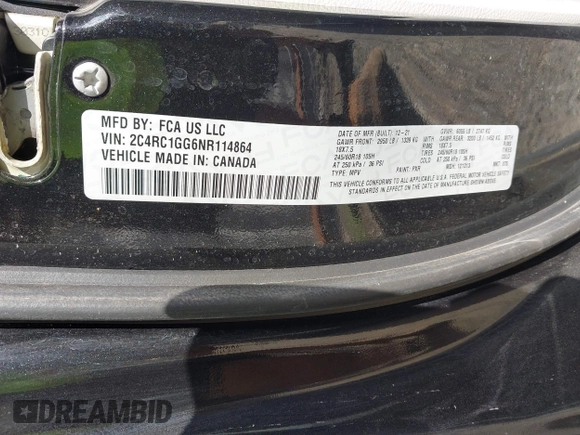 2022 Chrysler Pacifica Limited with VIN 2C4RC1GG6NR114864, listed as a IAAI auction lot 42845739 with 66,900 mi miles and . Bid and sale history available at DreamBid. Image 9.