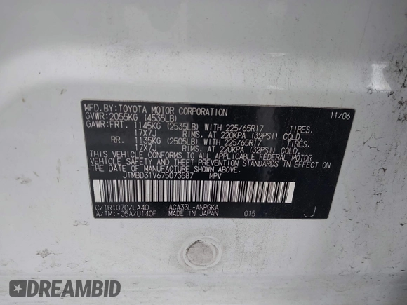 2007 Toyota RAV4 Limited with VIN JTMBD31V675073587, listed as a IAAI auction lot 42688720 with Not provided miles and . Bid and sale history available at DreamBid. Image 9.