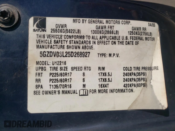 2005 Saturn Relay 2 z VIN 5GZDV03L25D268927, wystawiony jako Copart lot #65923994 z przebiegiem 226 488 mil mil oraz Szkoda całkowita • Salvage title. Historia ofert i sprzedaży dostępna na DreamBid. Obrazek 15.
