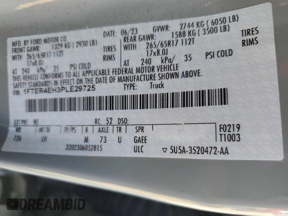 2023 Ford Ranger XL with VIN 1FTER4EH3PLE29725, listed as a Copart auction lot 79545574 with 14,364 mi miles and Salvage Title. Bid and sale history available at DreamBid. Image 12.