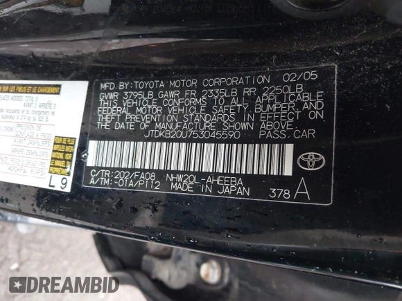 2005 Toyota Prius with VIN JTDKB20U753045590, listed as a IAAI auction lot 42058347 with 195,794 mi miles. Bid and sale history available at carsss.com. Image 9.