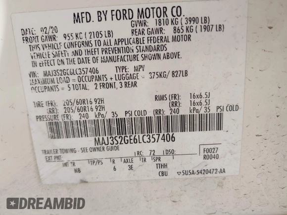 2020 Ford EcoSport SE with VIN MAJ3S2GE6LC357406, listed as a IAAI auction lot 41899897 with 75,871 mi miles. Bid and sale history available at carsss.com. Image 9.