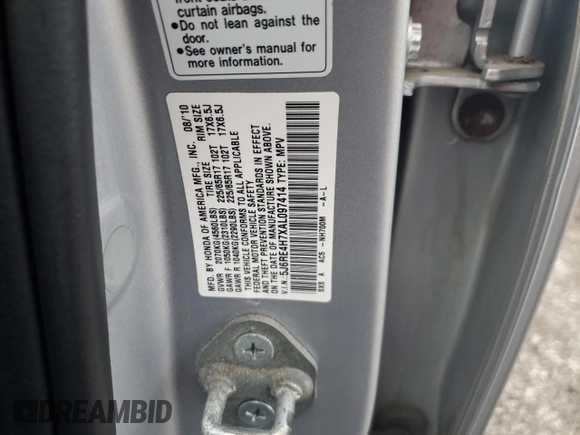 2010 Honda CR-V EX-L with VIN 5J6RE4H7XAL097414, listed as a Copart auction lot 58000745 with Not provided miles and Salvage title. Bid and sale history available at DreamBid. Image 13.