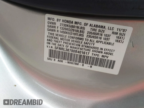 2008 Honda Odyssey EX-L with VIN 5FNRL38788B401617, listed as a IAAI auction lot 42193958 with 95,882 mi miles and . Bid and sale history available at DreamBid. Image 9.