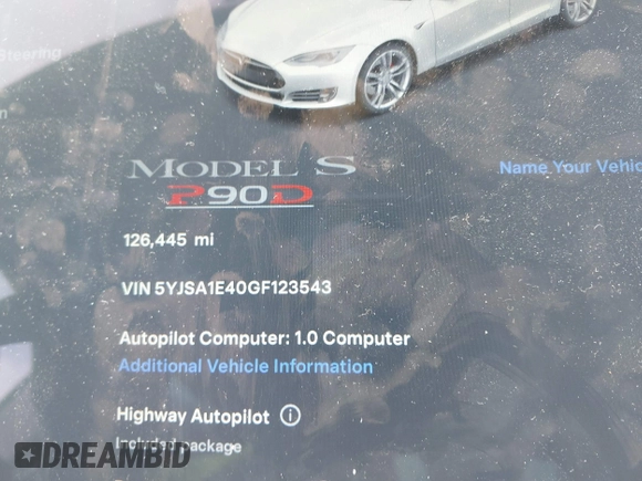 2016 Tesla Model S 90D with VIN 5YJSA1E40GF123543, listed as a IAAI auction lot 42111603 with 126,445 mi miles and . Bid and sale history available at DreamBid. Image 7.