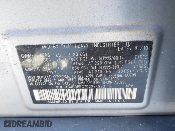 2013 Subaru Outback Limited with VIN 4S4BRBPC7D3274273, listed as a IAAI auction lot 42172627 with 257,261 mi miles and . Bid and sale history available at DreamBid. Image 9.