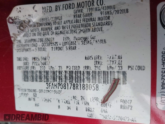 2008 Ford Fusion SEL with VIN 3FAHP08178R188058, listed as a IAAI auction lot 41716534 with 1 mi miles. Bid and sale history available at carsss.com. Image 9.