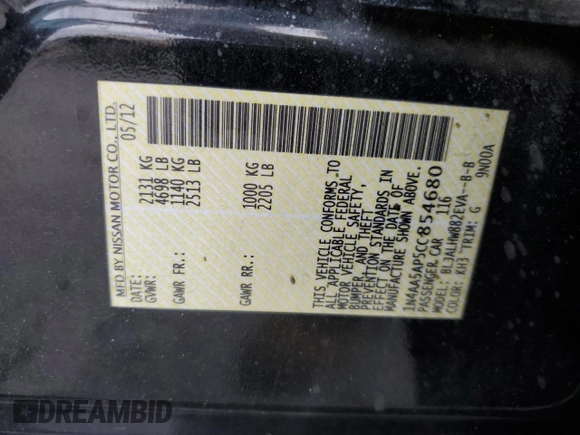 2012 Nissan Maxima SV with VIN 1N4AA5AP5CC854680, listed as a Copart auction lot 59603925 with 142,392 mi miles and Clean title. Bid and sale history available at DreamBid. Image 12.