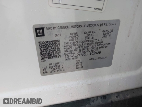 2020 GMC Terrain SLT with VIN 3GKALVEV0LL102925, listed as a IAAI auction lot 41816841 with 97,168 mi miles. Bid and sale history available at carsss.com. Image 9.