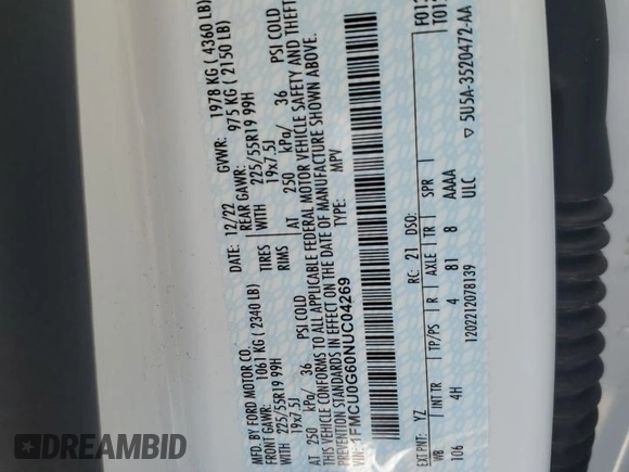 2022 Ford Escape SE z VIN 1FMCU0G60NUC04269, wystawiony jako Copart lot #53483375 z przebiegiem 7 727 mil mil oraz Szkoda całkowita • Salvage title. Historia ofert i sprzedaży dostępna na DreamBid. Obrazek 13.