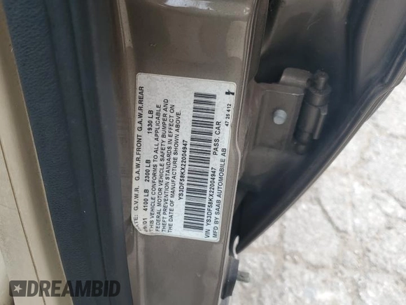 2002 Saab 9-3 z VIN YS3DF58KX22004947, wystawiony jako Copart lot #49740465 z przebiegiem Nie podano mil oraz Czysty tytuł • Clean title. Historia ofert i sprzedaży dostępna na DreamBid. Obrazek 12.