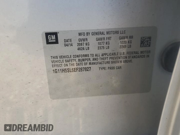 2014 Chevrolet Malibu LTZ with VIN 1G11H5SL6EF287827, listed as a Copart auction lot 53670345 with 137,453 mi miles and Salvage Title. Bid and sale history available at DreamBid. Image 12.