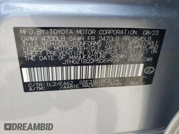 2023 Lexus IS 350 F Sport with VIN JTHGZ1B22P5069924, listed as a Copart auction lot 57846165 with 19,862 mi miles and Salvage title. Bid and sale history available at DreamBid. Image 13.