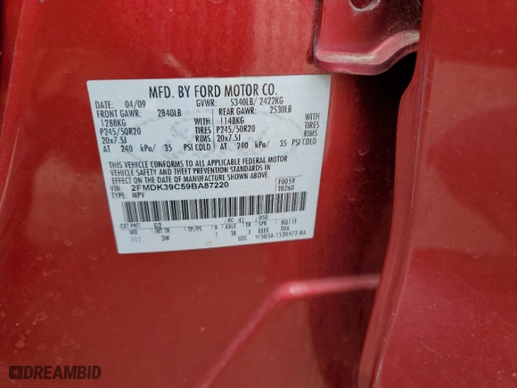 2009 Ford Edge Limited with VIN 2FMDK39C59BA87220, listed as a Copart auction lot 50958075 with 189,663 mi miles and Salvage Title. Bid and sale history available at carsss.com. Image 14.